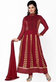 We-desi Maroon Embroidered Dress Material women