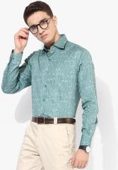 Wills Lifestyle Green Printed Slim Fit Formal Shirt men