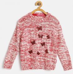 Wingsfield Red & White Sequinned Self Design Pullover girls