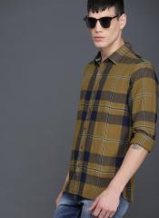 Wrogn Mustard Yellow & Navy Blue Slim Fit Checked Casual Shirt men