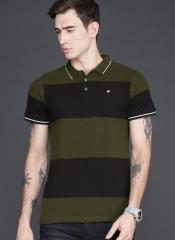 Wrogn Olive Green & Black Striped Polo Collar T shirt men