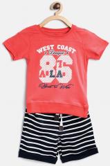 Yk Coral Red & Navy Printed T shirt with Shorts boys