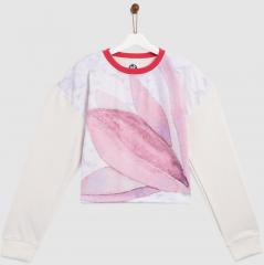YK Girls Off White & Pink Printed Sweatshirt