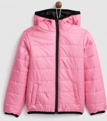 Yk Pink Solid Hooded Padded Jacket girls