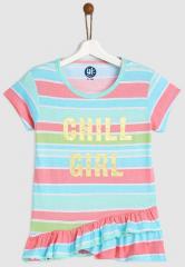 Yk Turquoise Blue & Peach Striped A Line Top girls