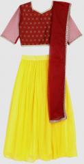 Yk Yellow & Maroon Printed Ready to Wear Lehenga & Blouse with Dupatta girls