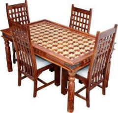 Advika Handicraft Sheesham Wood Antique Brass bakhra Design 4 Seater Dining Table with 4 Chair Solid Wood 4 Seater Dining Table