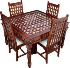 Advika Handicraft Sheesham Wood Antique Design Tile Work 4 Seater Dining Table with 4 Chair Solid Wood 4 Seater Dining Table