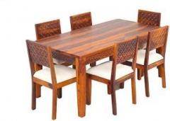 Custom Decor Solid Wood Dining Table Set with Cushion Natural Teak Finish Solid Wood 6 Seater Dining Set