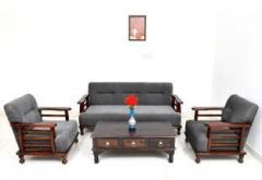 Divine Arts Sheesham Wood 5 Seater Sofa Set 3+1+1 for Living Room Fabric 3 + 1 + 1 Honey Finish Sofa Set