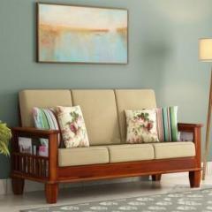 Douceur Furnitures Premium Quality Solid Wood/ Sheesham Wood Three Seater Sofa Set For Living Room/Office.|Finish: Honey Finish||Cushion: Cream| Fabric 3 Seater Sofa