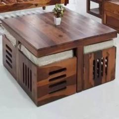 Douceur Furnitures Solid Wood Sheesham Wood Coffee Table With 4 Stools For Living Room, Guests Room Solid Wood Coffee Table