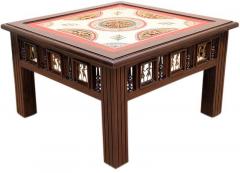 ExclusiveLane Center Cum Coffee Table with Dhokra and Warli Work in Walnut Brown Finish