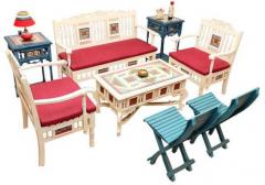 ExclusiveLane Modern Living Room Set with Dhokra and Warli Work in Creamish White and Cerulean Blue Colour