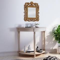 House Of Pataudi Hand Crafted Wooden Golden Mirror Frame with Off White Console Table for Living/Hallway Room Solid Wood Side Table