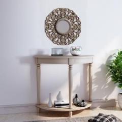House Of Pataudi Hand Crafted Wooden Rustic Brown Mirror Frame with Off White Console Table for Living/Hallway Room Solid Wood Console Table