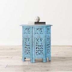 House Of Pataudi Wooden Handcrafted Carved Antique Solid Folding Sky Blue Coffee Table Solid Wood Side Table