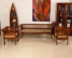 Induscraft Wooden Fabric 3 + 1 + 1 Brown Sofa Set
