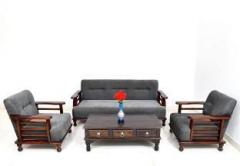 Kendalwood Furniture Fabric 3 + 1 + 1 Natural Teak Finish With Gray Cushion Sofa Set