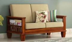 Krishna Wood Decor Wooden Sheesham Teak Wood Sofa Set 2 Seater Home Furniture | Living Room | 2 Seater Sofa Set Wooden | Office Furniture Sofa Set | Without Pillow | Cream Cushions | 2 Seater Sofa, Honey Finish Fabric 2 Seater Sofa