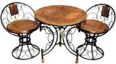 Manzees Wood & Wrought Iron Decorative Mooda Chairs with Foldable Round Table Set of 3 Fabric 2 + 1 + 1 Sofa Set