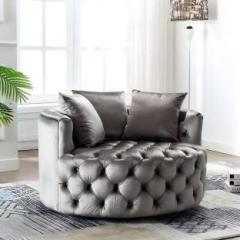 Manzees Wooden Cuddle Chair | Wings Chair | Rounded shaped Sofa with 3 Cushion Grey Fabric 1 Seater Sofa