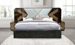 Poj Oscar King Size Upholstered Bed With Geometric Designed Headboard Engineered Wood King Hydraulic Bed
