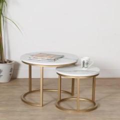 Priti Coffee Table Nesting Side Coffee Tables Set of 2 Golden White Marble Stone Coffee Table