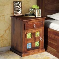 Royal Finish Kaliedo Tialic Bedside, Ceramic Tiles, 1 Drawer & Cabinet, Premium Polish Solid Wood End Table