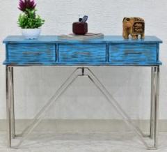 Samdecors 3 Drawer CASINO Console Hall Table rustic distressed blue with silver Finish stainless steel Frame Solid Wood Console Table