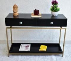Samdecors Solid Wood 2 Drawer with Tray at Bottom Alex Console Hall Table black with golden Finish Iron Frame Metal Console Table
