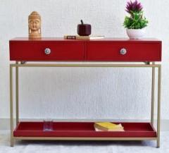 Samdecors Solid Wood 2 Drawer with Tray at Bottom Alex Console Hall Table Red with golden Finish Iron Frame Metal Console Table