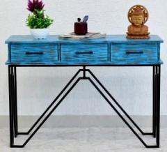 Samdecors Solid Wood 3 Drawer CASINO Console Hall Table rustic distressed blue with Black Finish Iron Frame Solid Wood Console Table