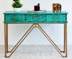 Samdecors Solid Wood 3 Drawer CASINO Console Hall Table rustic distressed green with golden Finish Iron Frame Solid Wood Console Table
