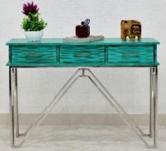 Samdecors Solid Wood 3 Drawer CASINO Console Hall Table rustic distressed green with silver Finish stainless steel Frame Solid Wood Console Table