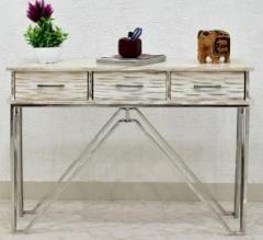 Samdecors Solid Wood 3 Drawer CASINO Console Hall Table rustic distressed white with silver Finish stainless steel Frame Solid Wood Console Table
