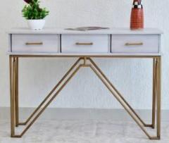 Samdecors Solid Wood 3 Drawer CASINO Console Hall Table White with golden Finish Iron Frame Solid Wood Console Table