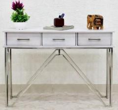 Samdecors Solid Wood 3 Drawer CASINO Console Hall Table White with silver Finish stainless steel Frame Solid Wood Console Table