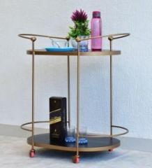 Samdecors Solid Wood Gail Multipurpose Bar Trolley with Wheels with Two Shelves in Black Finish and Iron Frame in Golden Finish Solid Wood Bar Trolley