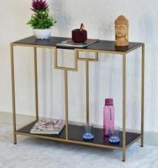 Samdecors Solid Wood Kenny Multipurpose Console Hall Table with Two Shelves in Black Finish and Iron Frame in Golden Finish Solid Wood Console Table