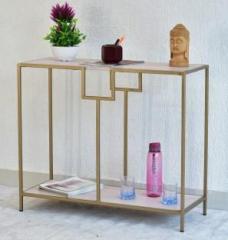 Samdecors Solid Wood Kenny Multipurpose Console Hall Table with Two Shelves in White Finish and Iron Frame in Golden Finish Solid Wood Console Table