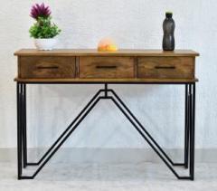Samdecors Solid Wood Three Drawer CASINO Console Hall Table Natural Brown with Black Finish Iron Frame Solid Wood Console Table