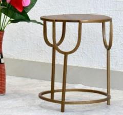 Samdecors Tess Multipurpose Bedside/Side/Coffee/End Table Circular with Solid Wood Top in Natural Brown Finish and Iron Frame in Golden Finish Solid Wood Side Table