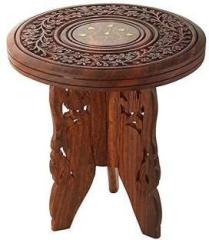Sankalan Creations Handmade Wooden Table Round Vase with 3 Leg Carving Brass Folding Stool Engineered Wood Coffee Table