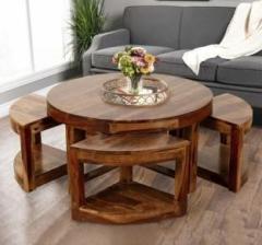 Sarswati Furniture Round Sheesham Wood Coffee Table With 4 Stools Solid Wood Coffee Table