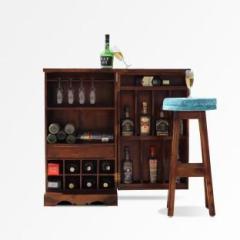Sheesham Craft Nivora Single Door Wine Cabinet & Stool, 10 Glass & 30 Bottle Rack, Drawer Solid Wood Bar Cabinet