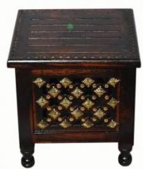 Smarts Collection Beautiful Antique Wooden Stool with Brass Cutting Design Storage Stool for Living Room and Bedroom Furniture Solid Wood Corner Table Solid Wood Side Table