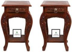 Smarts Collection Bedside Table Antique Look Natural Wood with Drawer for Living Room Bedroom Side Standard Brown Set of 2 Solid Wood Side Table
