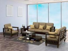 Suncrown Furniture Solid Sheesham Wood Walnut Sofa Sets for Living Room Fabric 3 + 2 + 1 Sofa Set