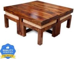 Taskwood Furniture Premium Quality Sheesham Wood Coffee Table With Four Stool Cushion : Cream Solid Wood Coffee Table